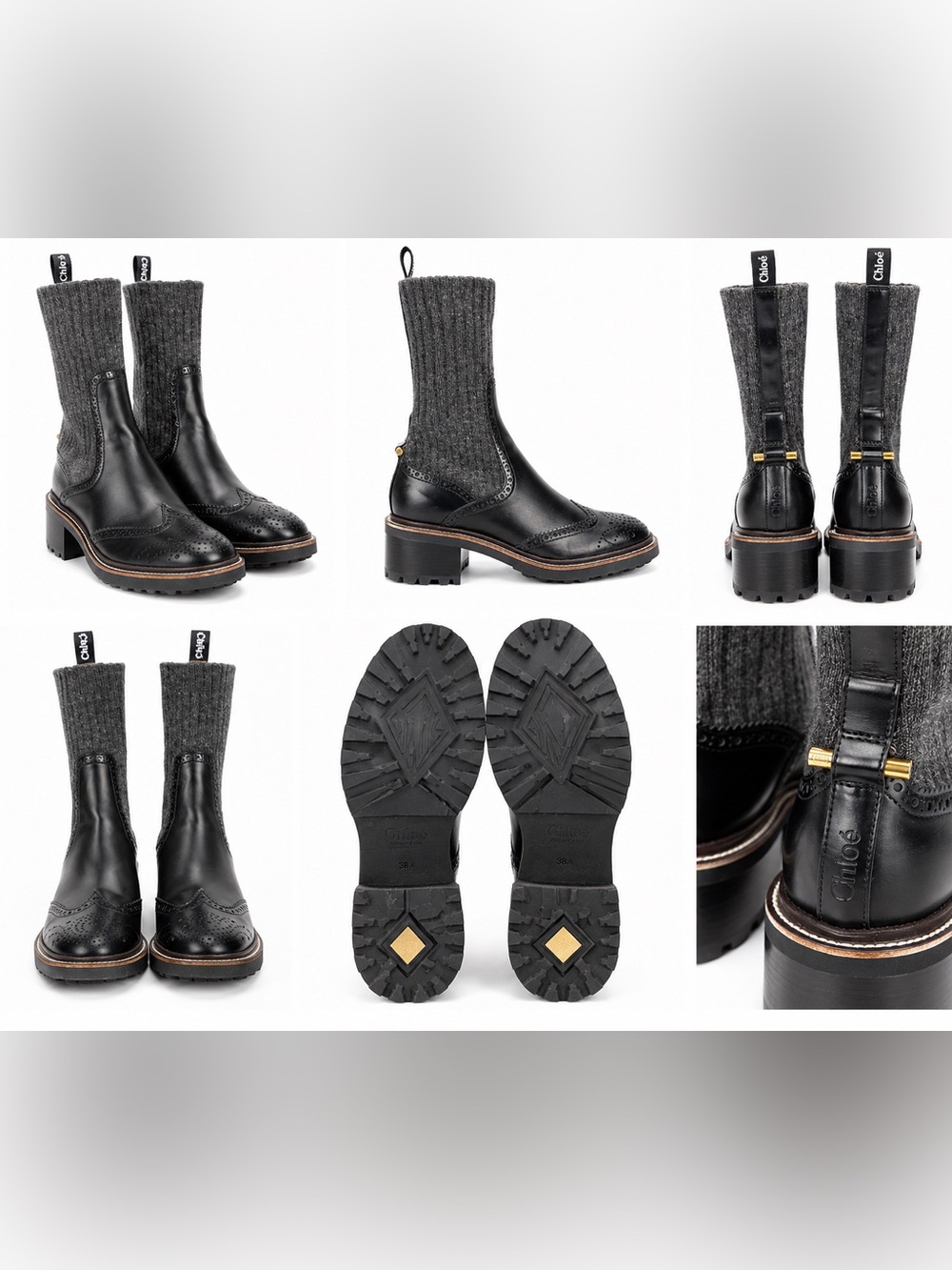 Chloe Franne Boots EU 38.5 Black Leather Grey Knit Sock Brogue Lug Sole -Italy